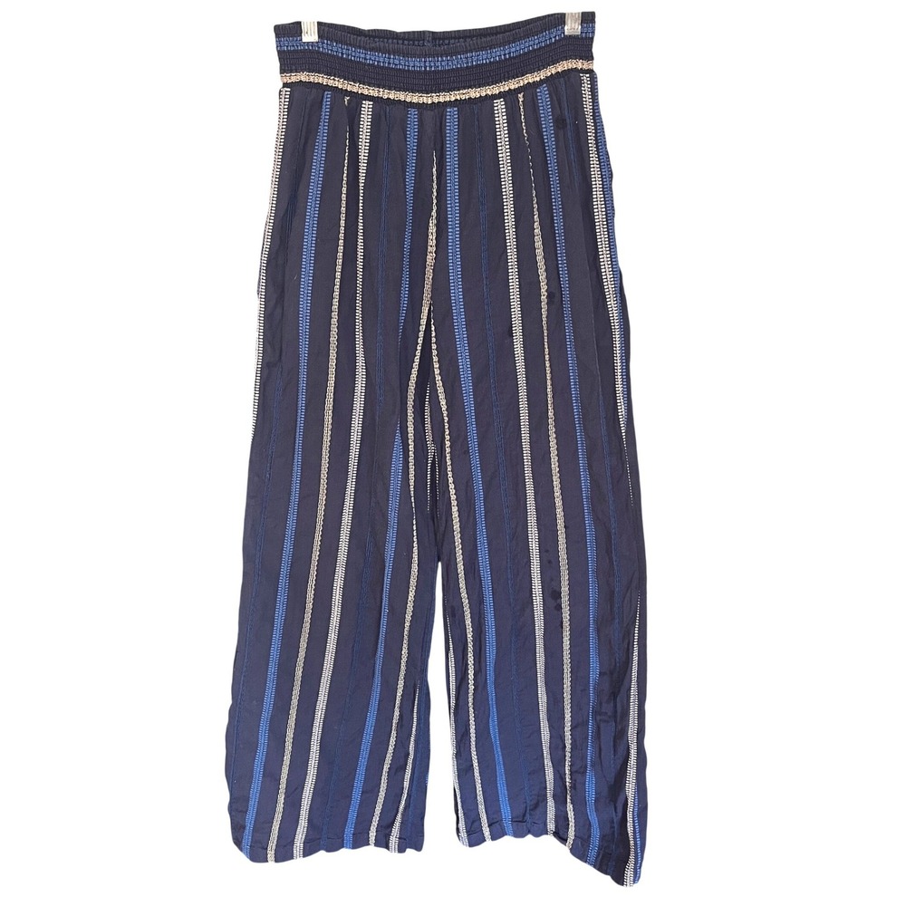 Michael Stars Womens Navy Blue Embroidered Cotton Wide Leg Smocked Pants S Boho